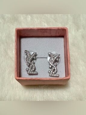 Silver Crystal Monogram YSL-Initial Silver Stud Fashion Earrings